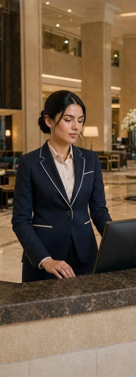AI-generated person wearing a dark uniform at a hotel reception