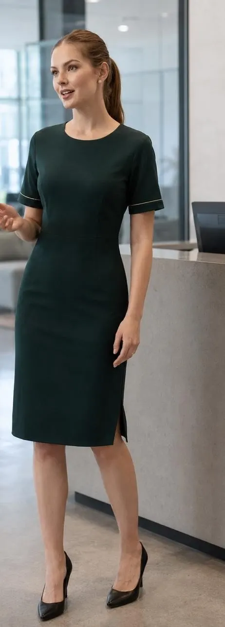 AI-generated woman wearing a dark uniform dress at a reception