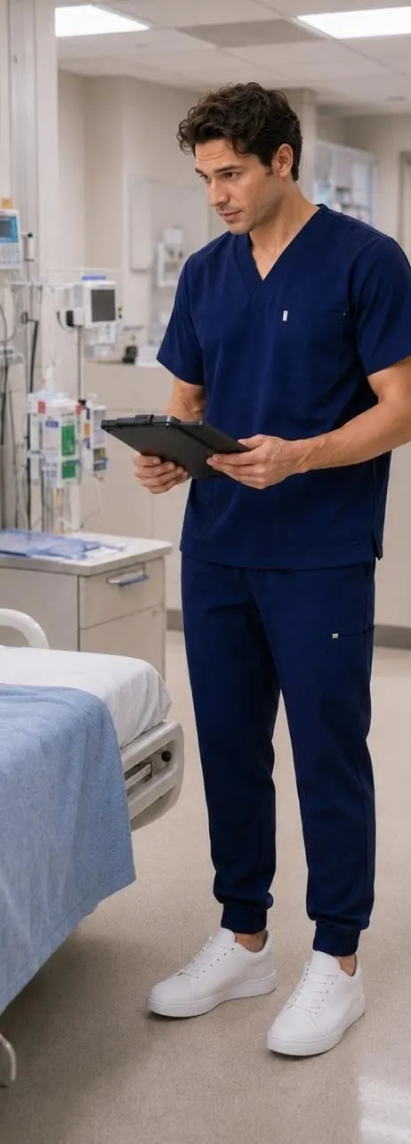 AI-generated person wearing navy scrubs and holding a tablet in a clinical room