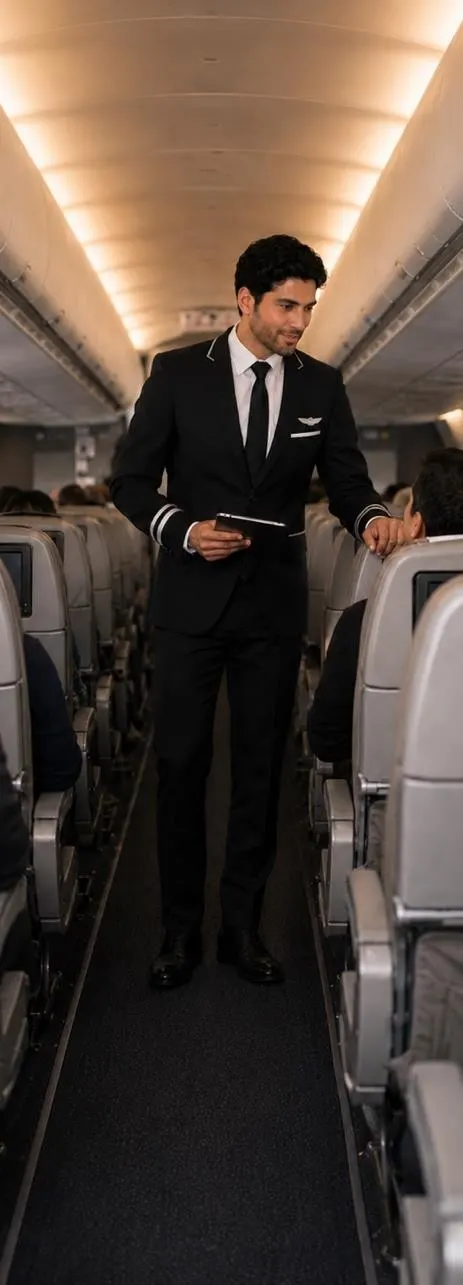 AI-generated person wearing a dark uniform jacket in an aircraft cabin